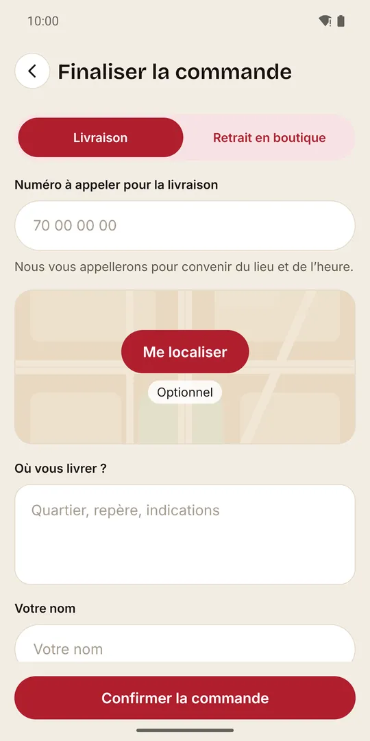 Le choix de livraison, avec la position prise en un geste.