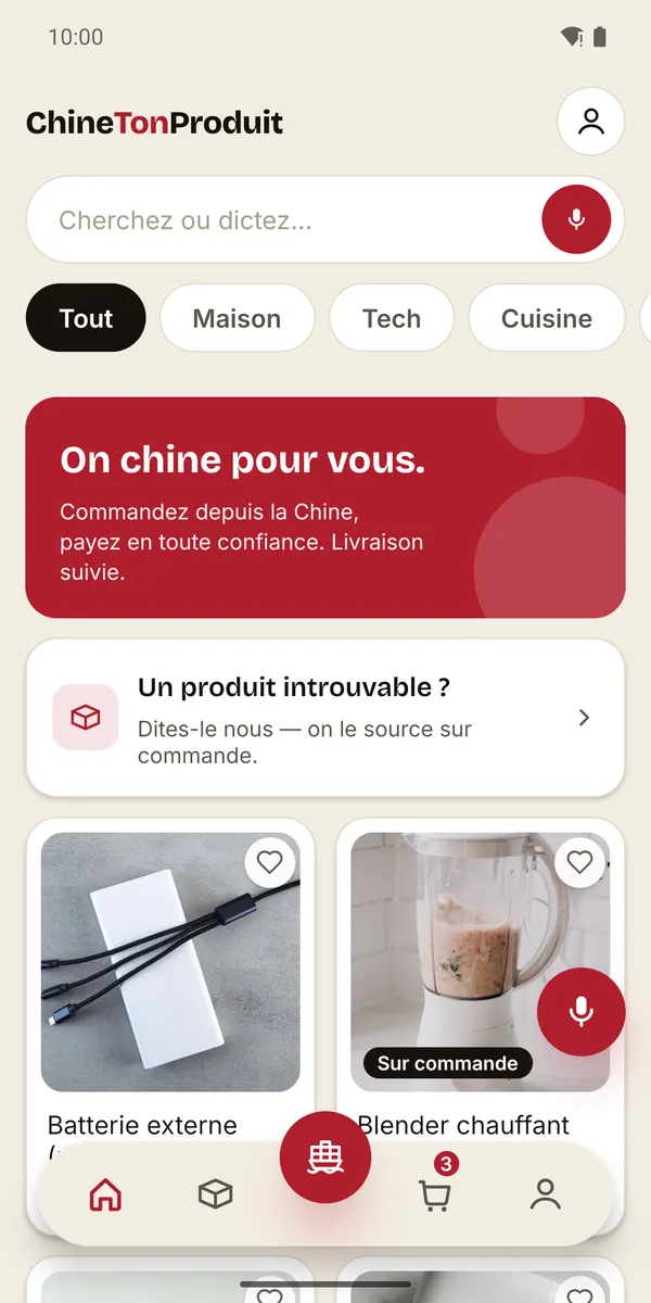 Aperçu de l'application ChineTonProduit : accueil du catalogue, recherche vocale et demande sur commande.